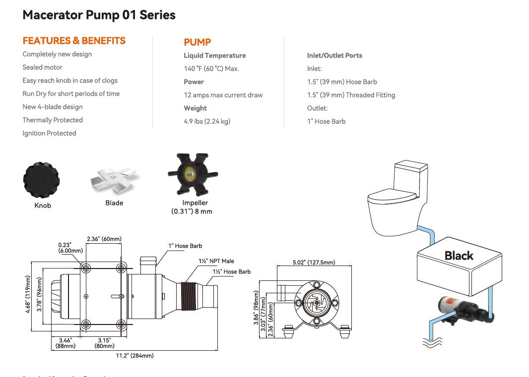 Bomba Sumergible Maceradora de Agua Seaflo 12V 45Lpm
